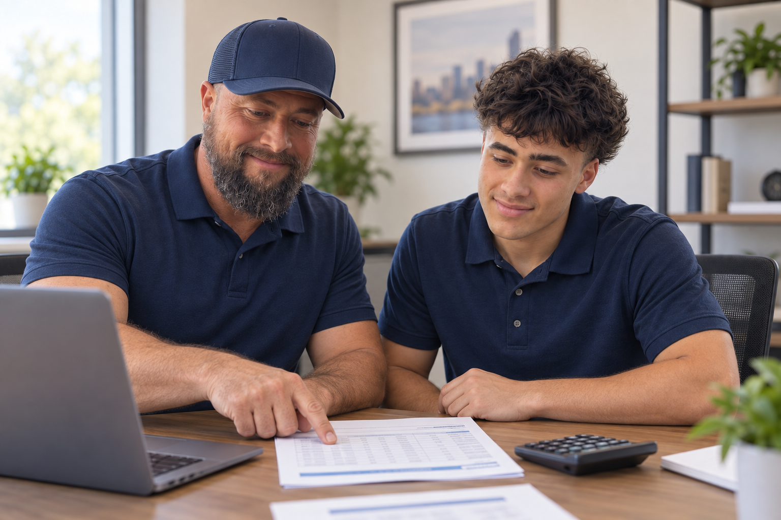 AI-created illustration of Joshua and Jason reviewing a sample processing statement